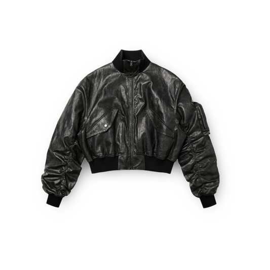 Padded Vintage Short Distressed Leather Bomber Jacket